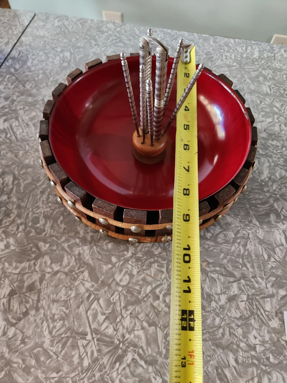 Vintage Source Unknown Red Enamel Nut Bowl with Wooden Rim and Metal Picks